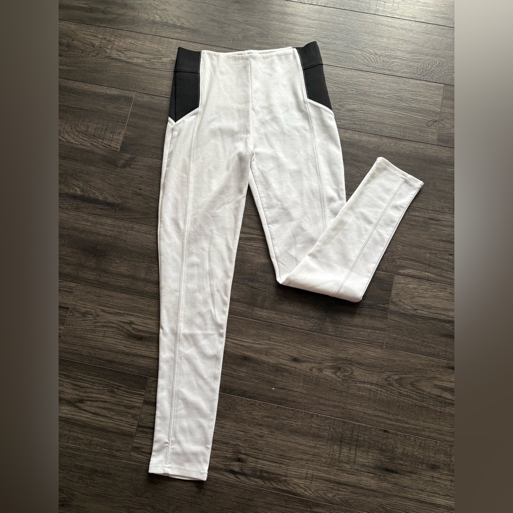 Women’s White High-Waist Ponte Leggings with Black Waist Panels